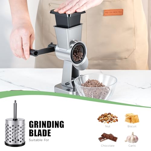 LHS Rotary Cheese Grater Stainless Steel Manual Cheese Shredder Grater Walnuts Grinder with 3 Interchangeable Drum Blades for Chocolate, Cheese and Nuts