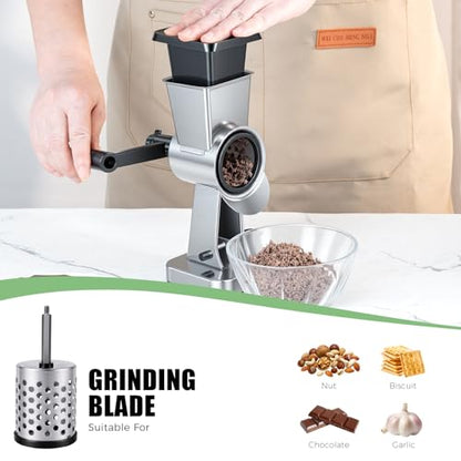 LHS Rotary Cheese Grater Stainless Steel Manual Cheese Shredder Grater Walnuts Grinder with 3 Interchangeable Drum Blades for Chocolate, Cheese and Nuts