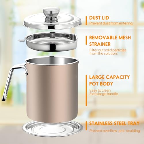Chihee Grease Container Stainless Steel 2L / 67.6 fl oz Fine Mesh Strainer | Easy to Clean Large Spout Bacon Grease Saver Cooking Oil Keeper Stoarge Can with Dust-proof Lid Non-slip Tray Kitchen Frying - color: Champagne Gold(2L)