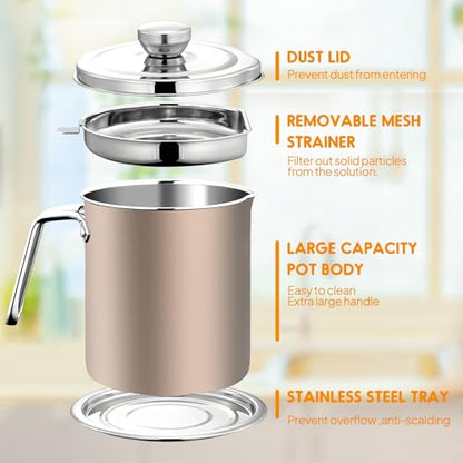 Chihee Grease Container Stainless Steel 2L / 67.6 fl oz Fine Mesh Strainer | Easy to Clean Large Spout Bacon Grease Saver Cooking Oil Keeper Stoarge Can with Dust-proof Lid Non-slip Tray Kitchen Frying - color: Champagne Gold(2L)