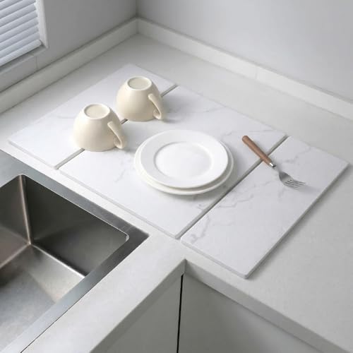 Stone Drying Mat for Kitchen Counter,Foldable (White (3-fold), 24" × 16") | Large Quick-Dry Diatomaceous Earth Dish Drying Mat with PU Non-Slip Base,for Bottles Cups Dishes - color: White (3-fold)