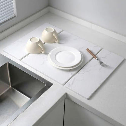 Stone Drying Mat for Kitchen Counter,Foldable (White (3-fold), 24" × 16") | Large Quick-Dry Diatomaceous Earth Dish Drying Mat with PU Non-Slip Base,for Bottles Cups Dishes - color: White (3-fold)