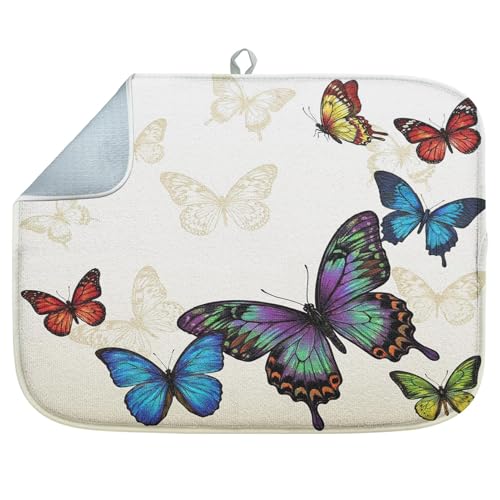 Sanwarm Absorbent Dish Drying Mat, Summer Vintage Butterfly Flower Microfiber Pad for Kitchen Counter, Coffee Bar Decor, Heat Resistant and Reversible, 16" x 18" - color: Butterfly 1, size: 16" x 18"