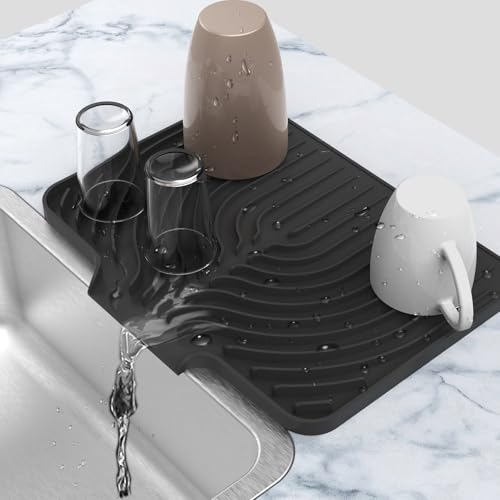 Kitchen Counter Dish Drying Mat, 14.6"x11" Dish Drying Rack(black) | Various Sizes & Colors,Steep-Slope Built in Drain,High-fin Ventilation,Food-grade Silicone,500F heat resistant,for Flat sinks - color: Black, style: 14.6×11inch