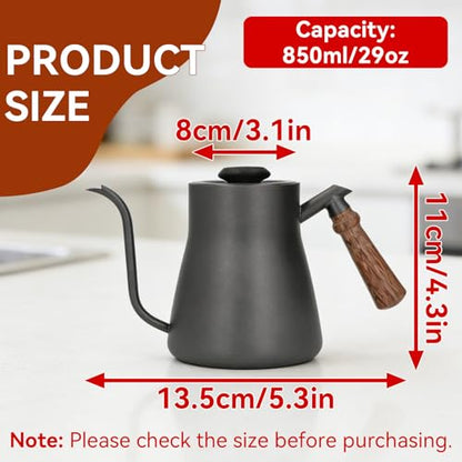 Pour over Coffee Kettle with Thermometer, 850ml Goose Neck Kettle Pot Induction Kettle Stovetop Stainless Steel Gooseneck Kettle with Wood Handle