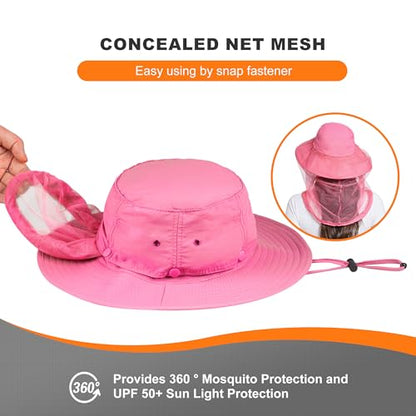 Mosquito Head Net Hat - Bug Cap UPF 50+ Sun Protection with Hidden Netting for Beekeeping Hiking Women - color: Rose Red