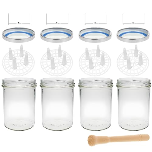Fermenting Starter Set 4 x Fermenting Jars 435 ml with Lid PVC Free, Fermenting Grid, Wood Masher and Labels
