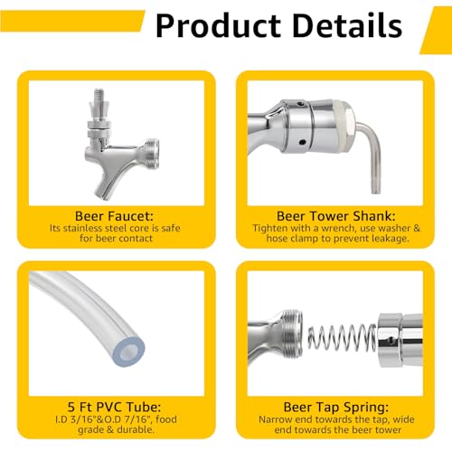 MRbrew Beer Line Shank Faucet Kit, Stainless Core Self-Closing Beer Tap with 3/16'' liquid hose & 1/4" Barb, Kegerator Tower Replacement Set for Draft Beer Dispenser - Include Tap Wrench & Hose Clamps