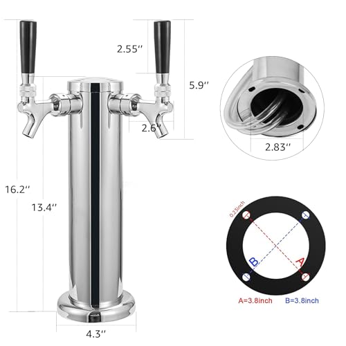 MRbrew Kegerator Tower Beer Tap Tower Dispenser Dual Faucet Beer Tower Draft Beer Dispenser Stainless Steel Keg Tap Tower 3'' Keg Tower Pre-assembled Line Beer Faucet Dispenser Kit For Home, Bar,Party - size: Dual Tap Kegerator Tower