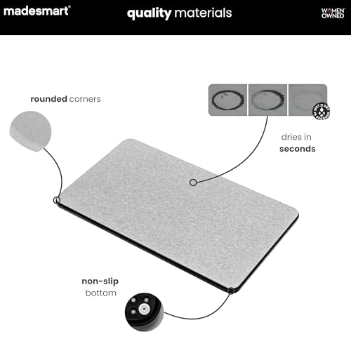 madesmart Drying Stone Dish Mat, Ultra-Fast Drying Mat for Dishes & Glassware, Diatomaceous Earth, Absorbs Water Instantly, Non Slip Base, Gray