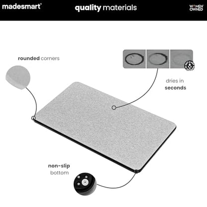 madesmart Drying Stone Dish Mat, Ultra-Fast Drying Mat for Dishes & Glassware, Diatomaceous Earth, Absorbs Water Instantly, Non Slip Base, Gray