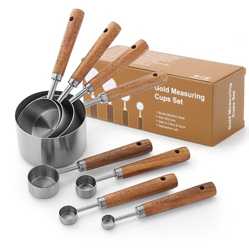 SHIKORI Gold Measuring Cups and Spoons Set with Wood Handles, Premium Stainless Steel Measuring Spoons and Measuring Cups Set-Silver - color: Silver