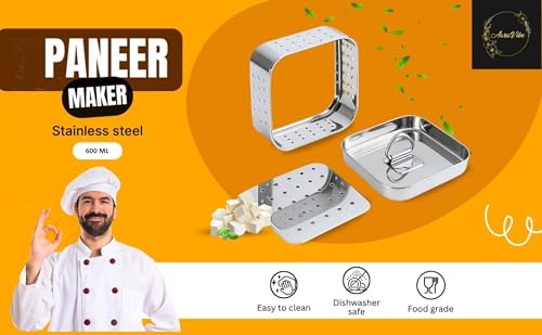 AaraVibe® Paneer Maker Steel | Paneer Maker | Paneer Maker Mould Press – 750ml (Large) Stainless Steel Square Press for Homemade Paneer, Tofu & Sprouts | 1 Year Warranty & Free Paneer Recipe eBook