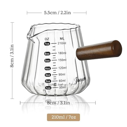 Joeyan 7 oz Espresso Cups, Glass Measuring Cup, Espresso Shot Cup with Spout and Wood Handle, Clear Espresso Shot Glass, Ribbed Milk Frothing Pitcher, Espresso Machine Coffee Bar Accessories - color: Clear ribbed espresso cup
