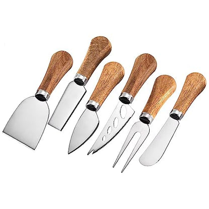 Cheese Knives 6 Set with Wooden Handle, Mini Steel Stainless Cheese knife set for Charcuterie and Cheese spread Mini Serving Tongs Spoons Forks Toothpick Flags for party Wedding Christmas - color: Wood