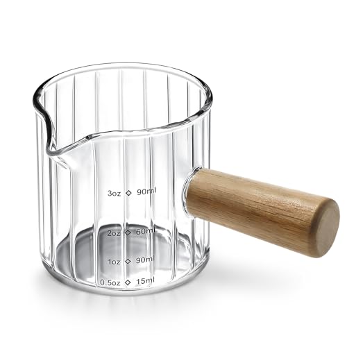 Espresso Measuring Cup 3 Oz, Espresso Glass Cups with Wood Handle, Milk Frothing Cup, Espresso Cup for Coffee, Milk, Tea or Maple Syrup Serving - color: Transparent Color, size: 3 oz