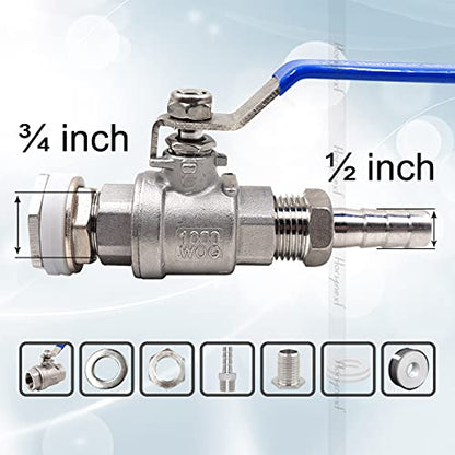 3/4" O.D. thread to 1/2 inch barb stainless steel home brewing bulkhead ball valve fitting kit, for gallon beer pot brew kettle spigot mash tun - size: 3/4" thread -1/2" barb