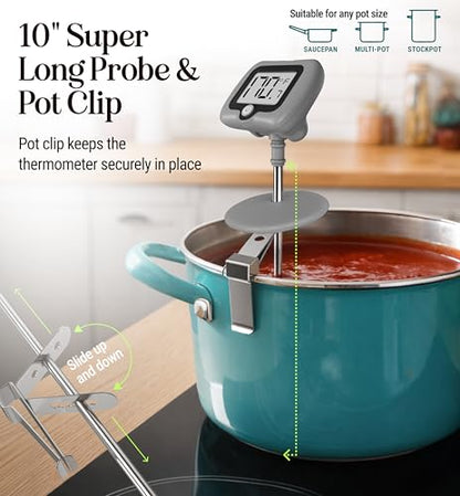 Digital Candy Thermometer with Pot Clip, 10" Long Stainless Steel Probe, Instant Read Kitchen Thermometer for Cooking, Baking, and Candy Making (Gray) - color: Gray