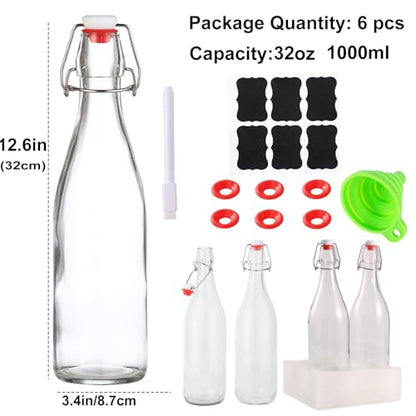 6 Pack swing top glass bottles 32 oz,flip top glass bottles 32 oz with airtight lids for Home Brewing,2nd Fermentation,Kombucha,Kefir,Vanilla Extract,Juice,Tea,Beverages,Soda,Oils,Vinegar,Limoncello