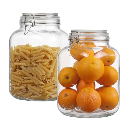 novelinks 2 Pack 1 Gallon Square Super Wide Mouth Glass Storage Jars with Airtight Glass Lids, Mason Jars with Stainless Steel Handle,Clear Glass Storage Container for Fermenting, Pickling, Canning - color: Glass Lid