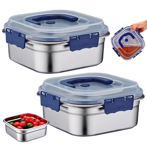2PCS Kimchi Containers, 1.8L Stainless Steel Airtight Containers with Lids & Handle & Buckle Oven Safe for Roasting, Brining, Meal Prep, Storing