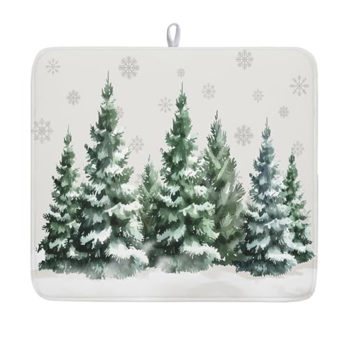 Christmas Dish Drying Mat 16x18 Inch Xmas Forest Tree Absorbent Dish Drainer Protector Pad Winter Holiday Microfiber Drying Mats Absorbent Reversible Dish Pad Kitchen Accessories for Countertop - color: Christmas Pine Tree-White, size: 16" x 18"