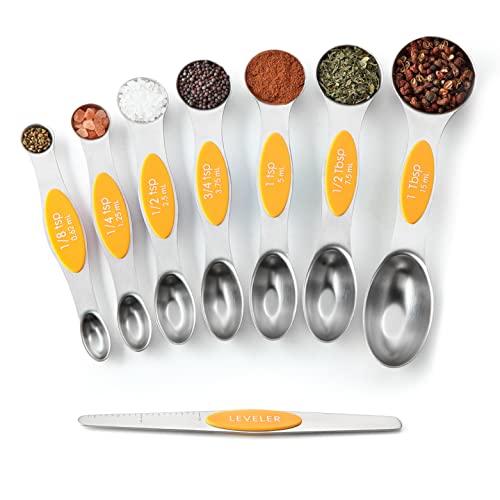 Spring Chef Stainless Steel Magnetic Measuring Spoons Set of 8 with Leveler, Dual Sided Metal Teaspoon & Tablespoon Measuring Spoons, Kitchen Gadgets for Baking & Cooking, Fits in Spice Jars - Mango - color: Mango, size: 1-Pack