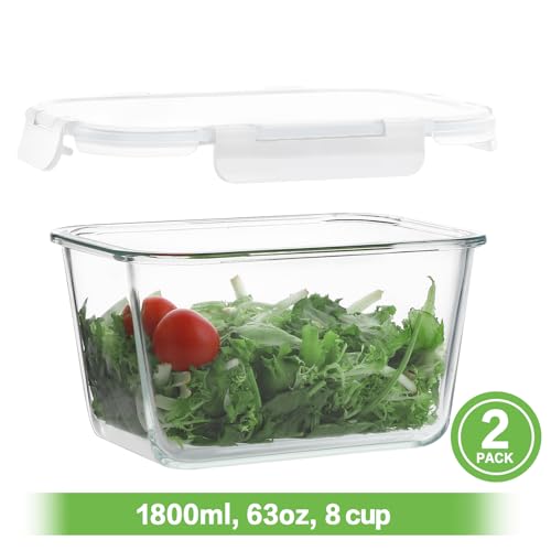 HOMBERKING 4 Pieces 63oz/8cup Large Glass Food Storage Containers with Lids, Meal Prep Containers, Airtight Bento Boxes with Leak Proof Locking (2 Containers 2 Lids), Microwave,Oven,Fridge Safe-White - color: White, size: 2 Sets