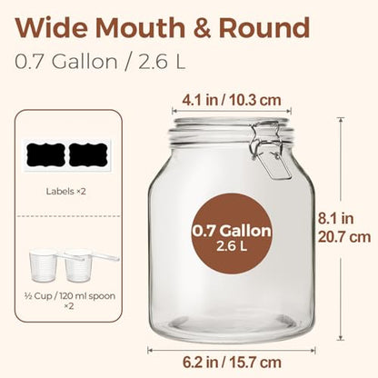 ComSaf 2 Pack 0.7 Gallon (88 Oz) Large Glass Jars with Airtight Lids, Wide Mouth Fermenting Jar for Pantry, Bulk Food Storage Canister for Flour, Sourdough Starter, Pickling, with Scoop - size: 88oz*2