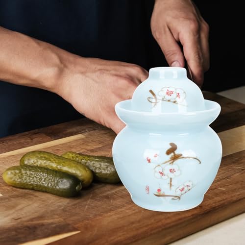 PRETYZOOM Ceramic Pickle Jar with Double Lid Sealed Fermentation Crock Vintage Blue Plum Pattern Vegetable Fermenting Jar for Kitchen Storage and Sauerkraut Preservation