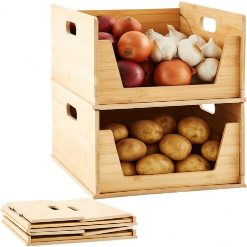 AceOrbit 2 Pack Bamboo Pantry Organizers Storage Bins Large Stackable Open Front Potato and Onion Storage Baskets Foldable Kitchen Counter Organizer for Pantry Food Organization,12.8 x 15.8 x 7.4 Inch