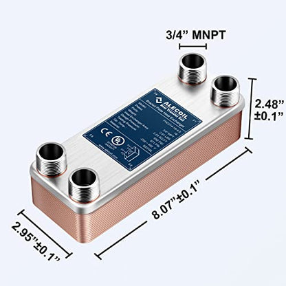 ALECOIL 3"x8" 16 Plates Heat Exchanger with 3/4" MPT Port Water to Water 316L Stainless Steel Brazed Plate Heat Exchanger for Water Heating, Floor Heating, Commercial and Industrial Refrigeration - size: 3"X8"-16P