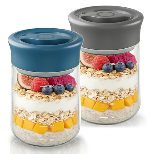 LAKUMIQI Overnight Oats Containers with Lids, 2 Pack 17oz Glass Jars with Airtight Lids, Wide Mouth Mason Jars, Food Coffee Bean Storage Containers for Yogurt, Chia Pudding, Snack, Salad(Blue+Grey) - color: Blue + Grey, size: 17 OZ(500ml)