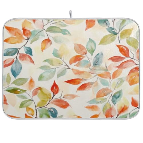 Kcldeci Dish Drying Mat for Kitchen Counter Dish Drying Pad Dish Mat, Autumn_harvest Orange green Watercolor leaves Drying Mat for Coffee Machine Dish Rack 16x18 inch - color: Multi2, size: 16x18in