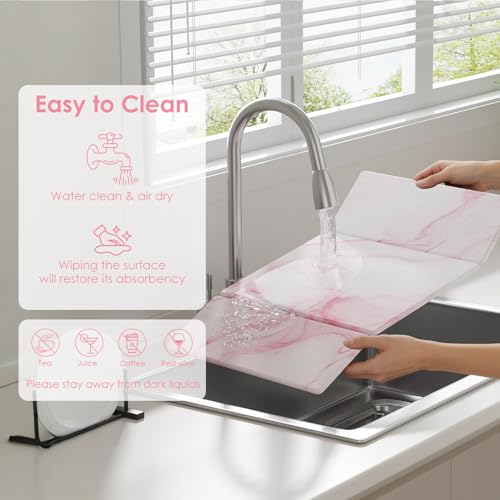 3 PCS Large Stone Dish Drying Mat for Kitchen Counter -24"x16" Absorbent Diatomaceous Earth Mat with Stone Faucet Mat & Soap Tray - Quick Dry, Collapsible, Non-Slip Countertop Organizer - color: PINK Marble