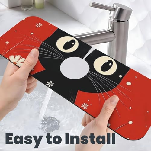 Kitchen Sink Faucet Mat Splash Guard, Christmas Black Cat Red Flowers Snow Super Absorbent Drying Mat, Non-Slip Drain Pad for Bathroom Counter - color: Black Cat Red Flowers Snow