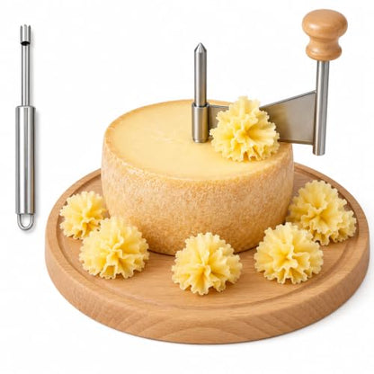 Cheese Curler Wheel – Manual Rotating Cheese Curler with Sharp Stainless Steel Blade & Non-Slip Wood Base, Makes Rosette Curls for Tete de Moine, Chocolate, Butter, Home, Parties, Charcuterie & Gifts