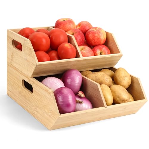 2 Set Pantry Organizers and Storage Bins, Bamboo Stackable Baskets for Potatoes, Onion, Bread, Vegetables - Bamboo Pantry Organizer Containers for Drawer, Cabinet, Countertop