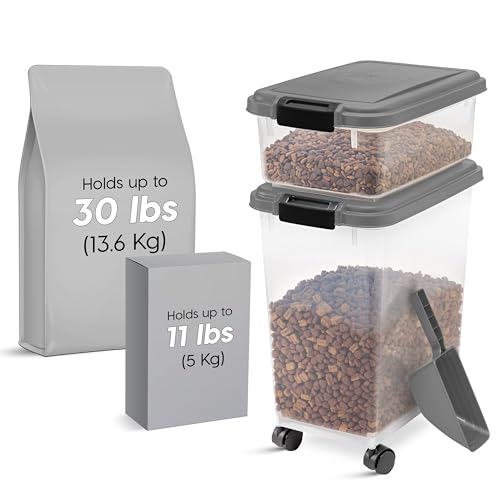 IRIS USA 30 lbs & 11 lbs Combo Airtight Dog Food Storage Container, Stackable Treat Box, 2-Cup Scoop, Wheels, Keep Fresh, Easy Mobility, Dark Gray - color: Dark Gray