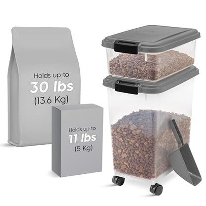IRIS USA 30 lbs & 11 lbs Combo Airtight Dog Food Storage Container, Stackable Treat Box, 2-Cup Scoop, Wheels, Keep Fresh, Easy Mobility, Dark Gray - color: Dark Gray