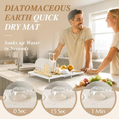 VERIFOST Nested Dish Drying Mat with Bamboo Rack for Dishes, 2Pcs Diatomaceous Earth Stone, Fast Stone Drying Mat for Kitchen Counter with Non-slip Feet, Pearl - color: Bamboo Rack Pearl