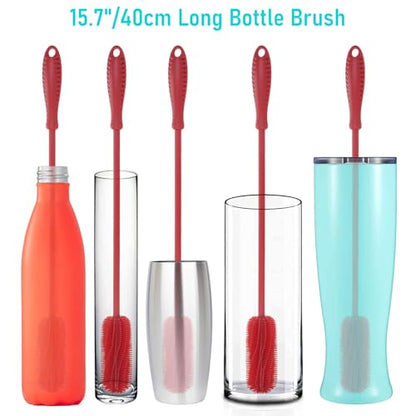 15.7" Silicone Bottle Brush, ddLUCK Water Bottle Cleaner Brush for Stanley, Hydroflasks, Glass, Thermos Sports Bottle, Vase and Glassware, Bottle Brush Cleaner for Small Narrow Neck Containers (Red) - color: Long Red