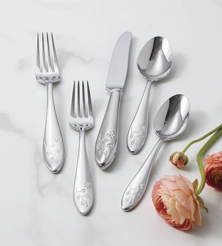 Lenox Silverware Set For 12, Butterfly Meadow 65-Piece Flatware Set, Service For 12, 18/10 Stainless Steel, Dishwasher Safe, Butterfly and Flower Motif, Includes Serving Utensils (Silver, 65 Piece) - style: 65-Piece Flatwate Set