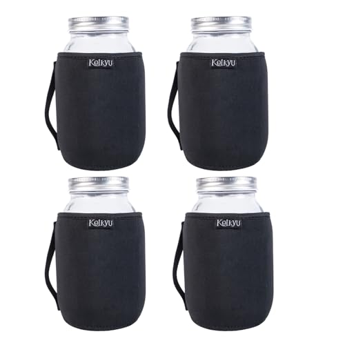 32oz Mason Jars Sleeves Neoprene 32oz Regular and Wide Mouth Mason Jar Sleeves Holder with Handle (Black, 4pcs) - color: Black, 4pcs