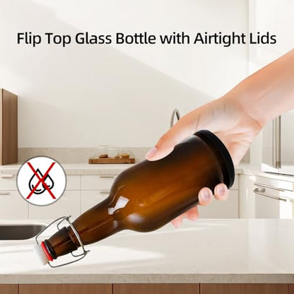 Flip Top Glass Bottles 6 Pack,16 Oz Amber Swing Top Beer Bottles with Airtight Lids, Home Brewing Beer, Wine, Reusable Leak-Proof Brewing Bottle