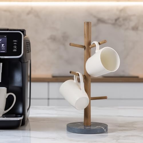 Buruis Mug Holder, Acacia Wood & Marble Base, 6 Hooks Kitchen Countertop Coffee Tea Cups Organizer - color: Round base Black