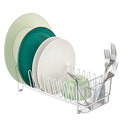 mDesign Kitchen Sink Dish Drainer – Small Metal and Plastic Dish Rack for Kitchen Sink – Dish Drying Rack with Drip Tray for Plates and Cutlery Basket – White/Clear - color: White/Clear