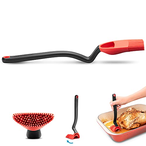 Dreamfarm Brizzle 3-In-1 Flexible Silicone Sit-Up Basting, Drizzle, Scooping Brush with In-Built Sauce Resevoir - Red | Sit-up, mess-free BBQ and pastry brush, flexible bristles, scoop and drizzle baster, holds 1 tbsp of liquid - color: Red