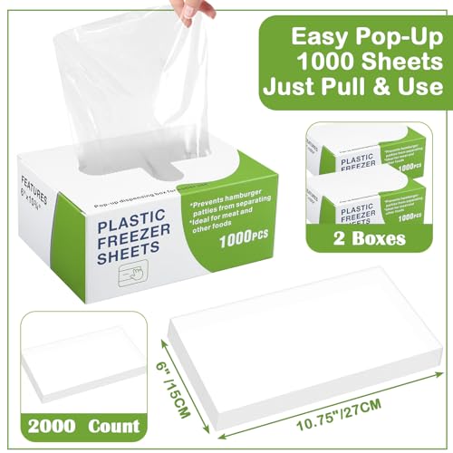 2000 Count 6" x 10.75" Plastic Freezer Sheets Freezer Wrap for Meat Food Non-Stick Non-Porous Polyethylene Wrap for Freezing Meat Fish Cheese Storage Separating BBQ Hamburger Patty