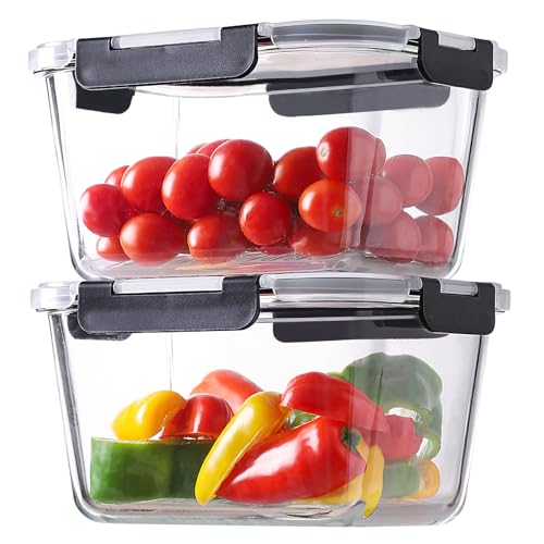 HOMBERKING 4 Pieces 63oz/8cup Large Glass Food Storage Containers with Lids, Meal Prep Containers, Airtight Bento Boxes with Leak Proof Locking (2 Containers + 2 Lids) - Microwave, Oven Safe - color: Black, size: 2 Sets